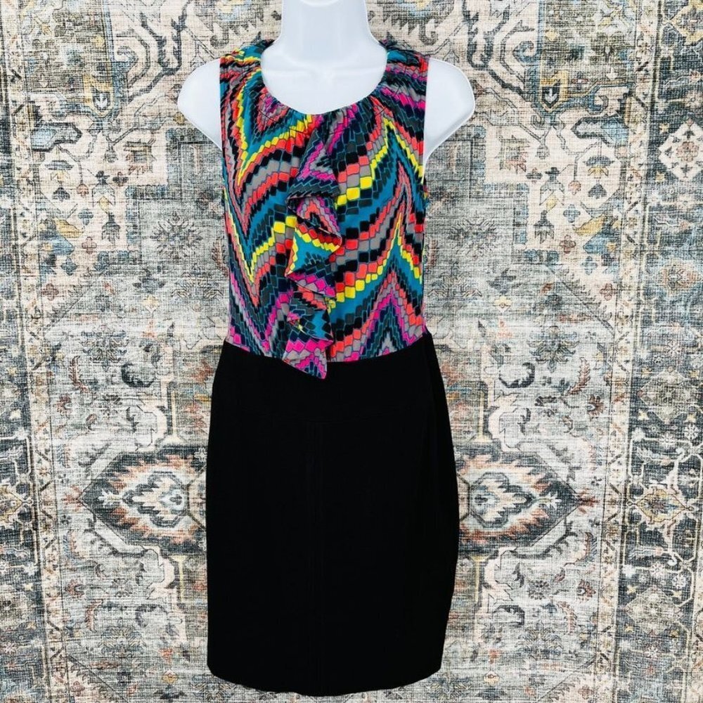 Trina Turk Ruth Later Gator Ruffle Dress Sz 4 Geometric Print Cascade Trim